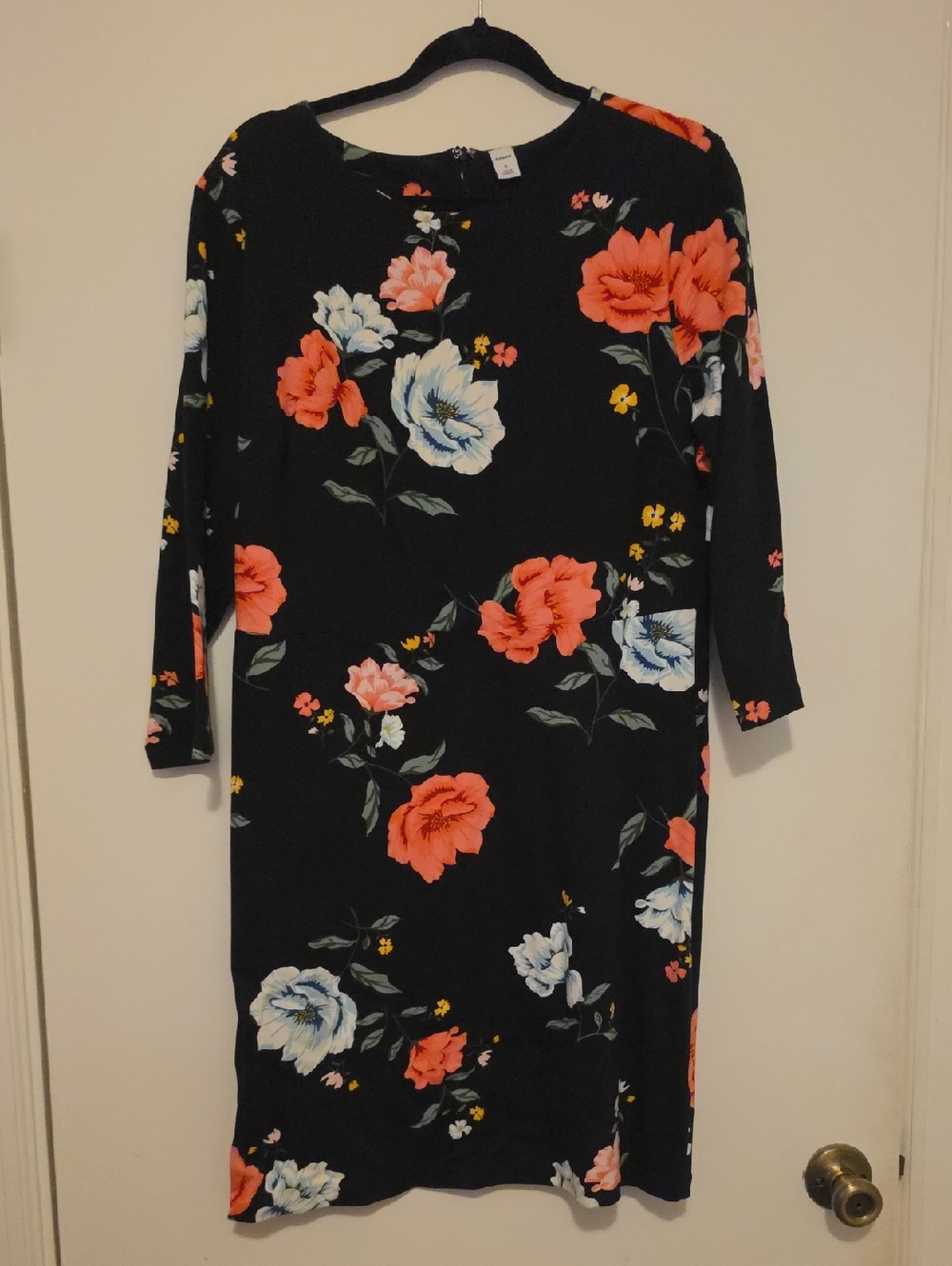 Old Navy Black Floral Long Sleeve Shift Dress with Coral & White Blooms